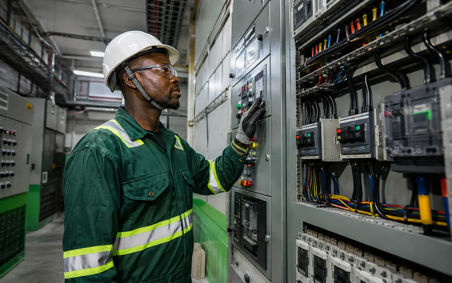 AI-generated scene of an electrical engineer inspecting an industrial power distribution system