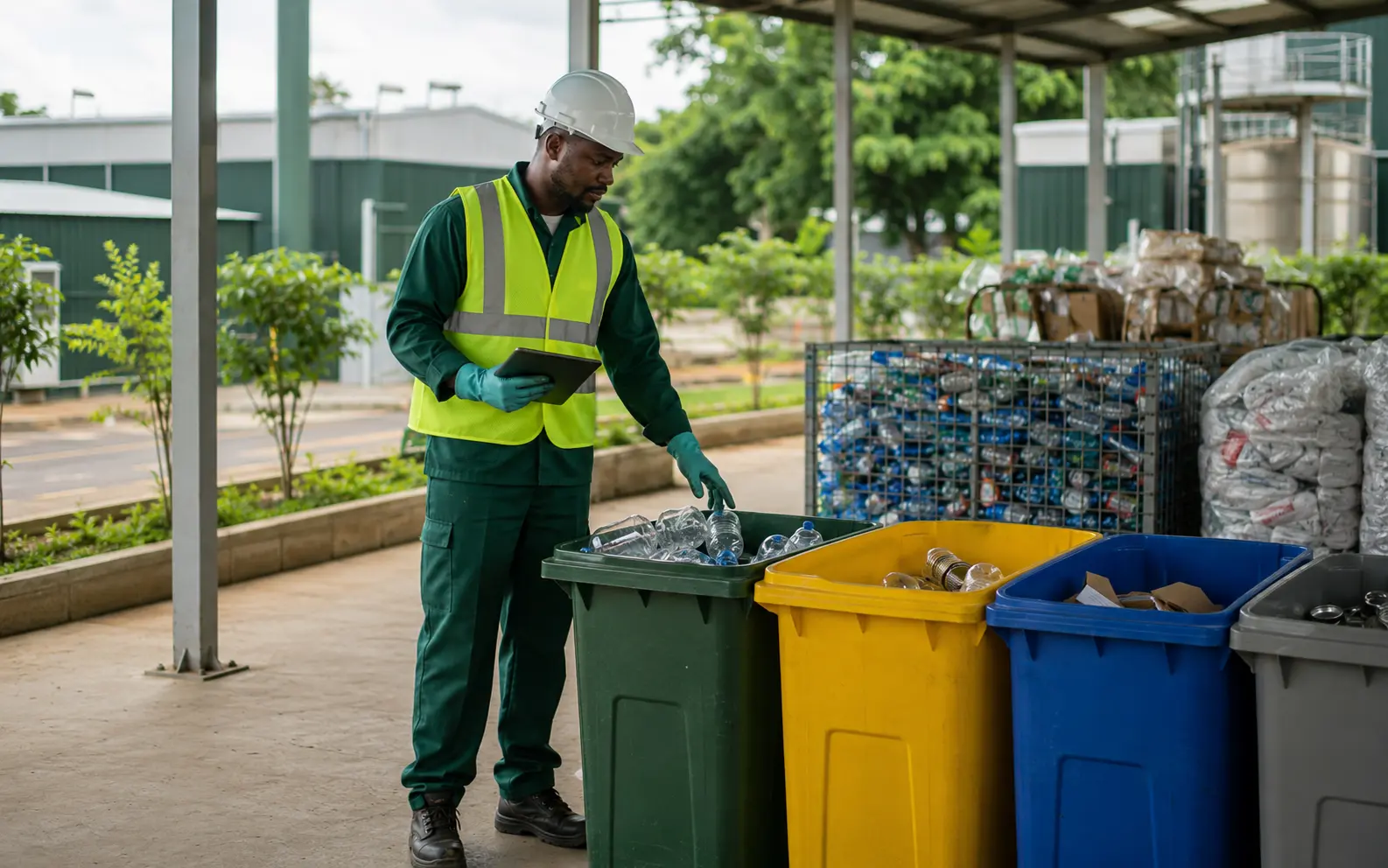 AI-generated scene of a technician overseeing organized waste segregation and recycling